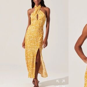 Astr Yellow Floral Halter Maxi Dress with Front Slit